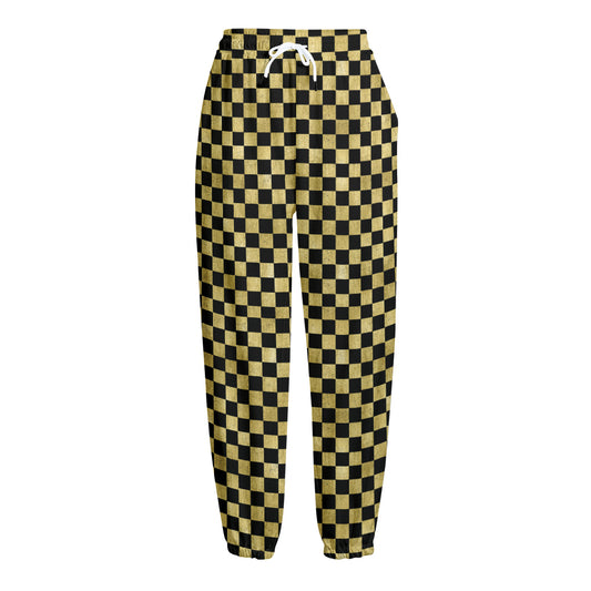 Gold And Black Checkered Pattern Print Fleece Lined Knit Pants