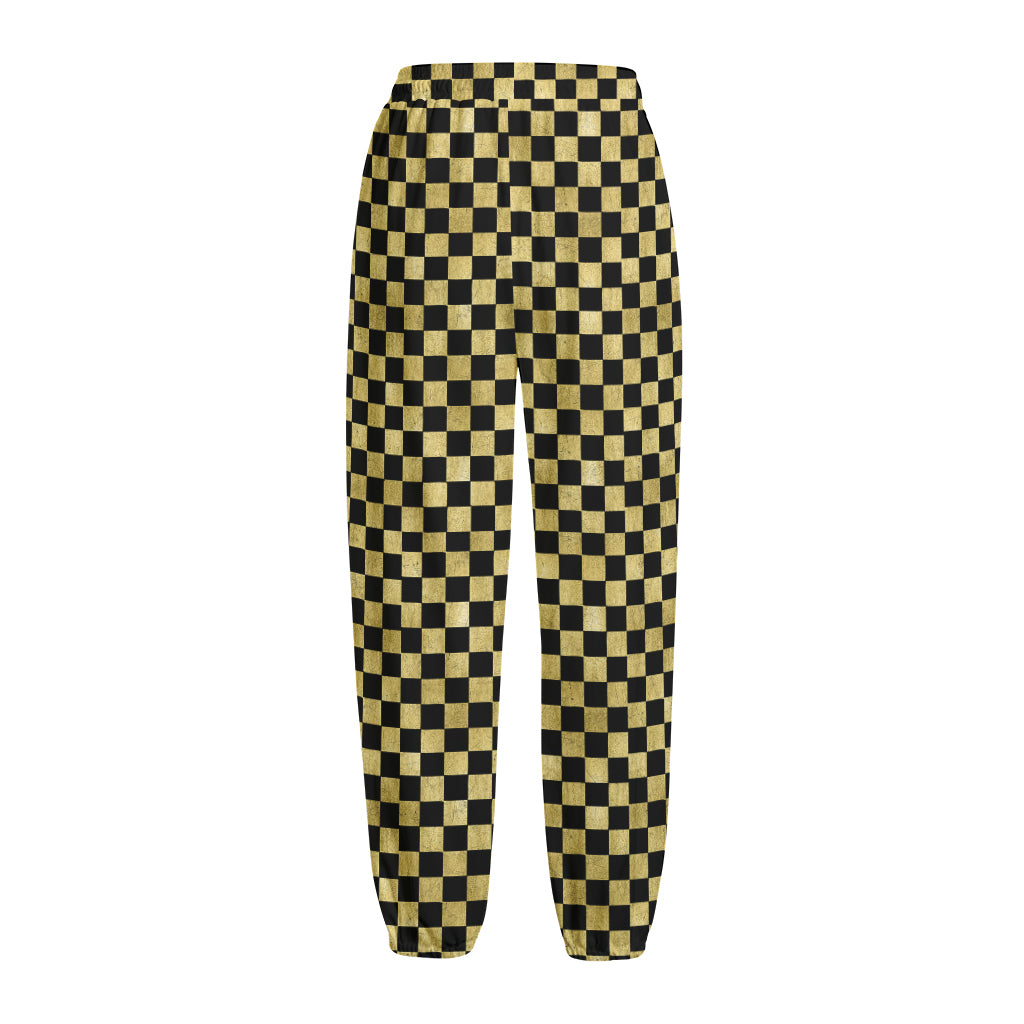 Gold And Black Checkered Pattern Print Fleece Lined Knit Pants