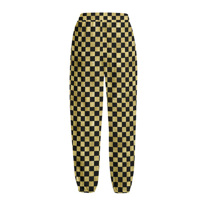 Gold And Black Checkered Pattern Print Fleece Lined Knit Pants
