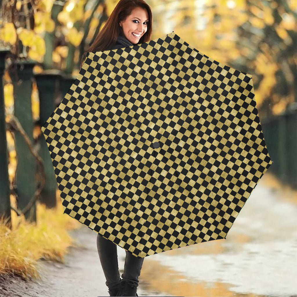 Gold And Black Checkered Pattern Print Foldable Umbrella