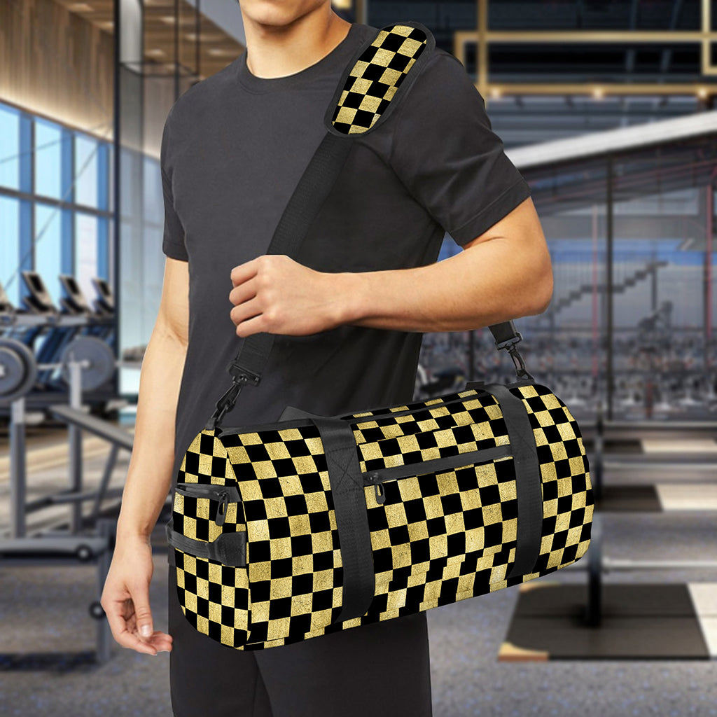 Gold And Black Checkered Pattern Print Gym Bag