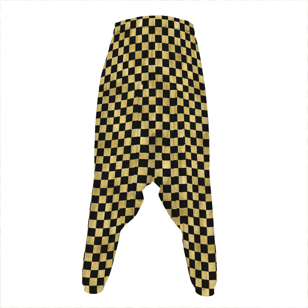 Gold And Black Checkered Pattern Print Hammer Pants