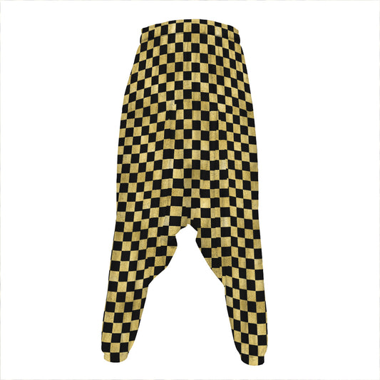Gold And Black Checkered Pattern Print Hammer Pants