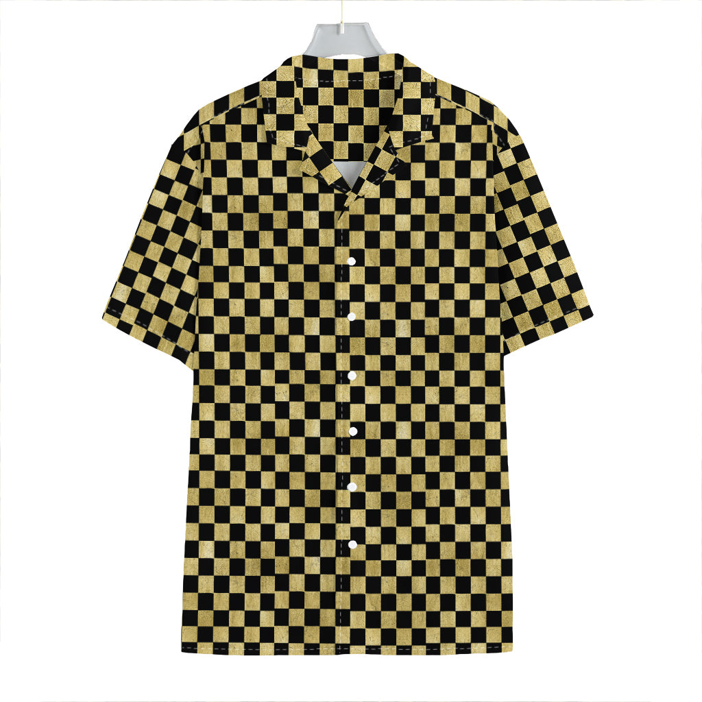 Gold And Black Checkered Pattern Print Hawaiian Shirt