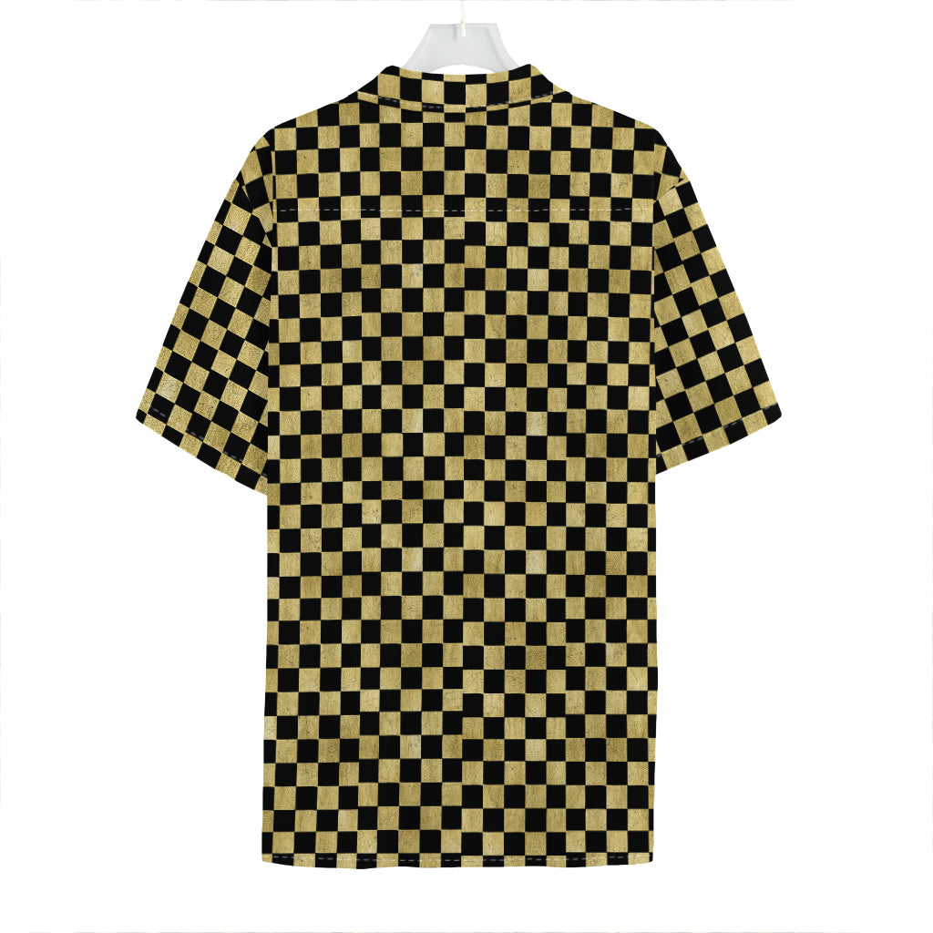 Gold And Black Checkered Pattern Print Hawaiian Shirt