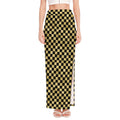 Gold And Black Checkered Pattern Print High Slit Maxi Skirt