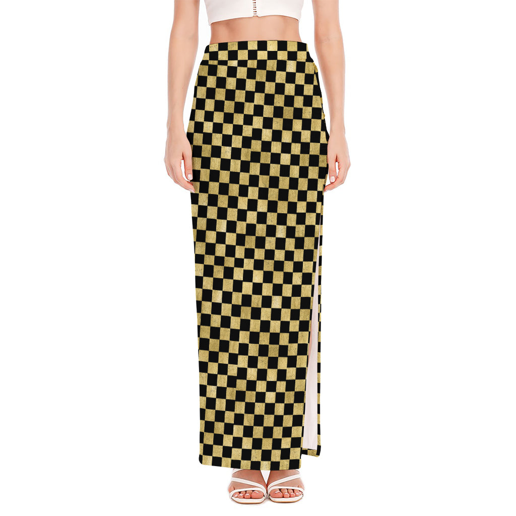 Gold And Black Checkered Pattern Print High Slit Maxi Skirt