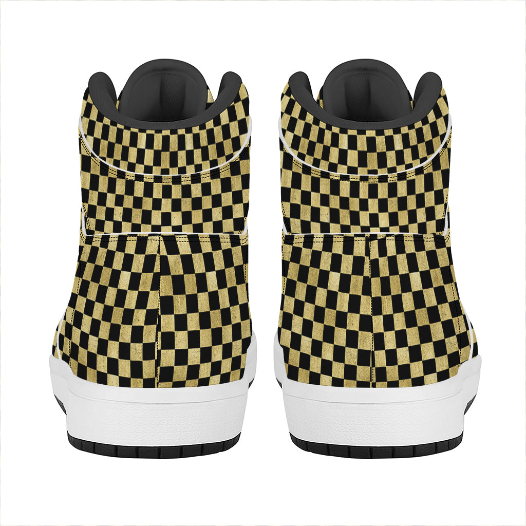 Gold And Black Checkered Pattern Print High Top Leather Sneakers