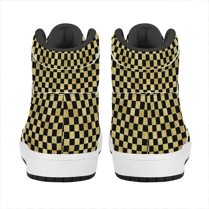 Gold And Black Checkered Pattern Print High Top Leather Sneakers