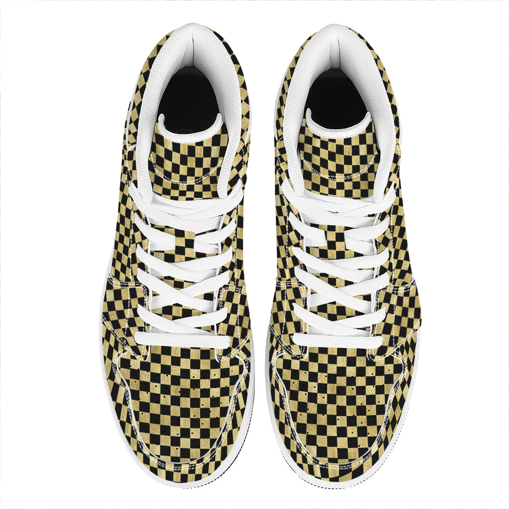 Gold And Black Checkered Pattern Print High Top Leather Sneakers
