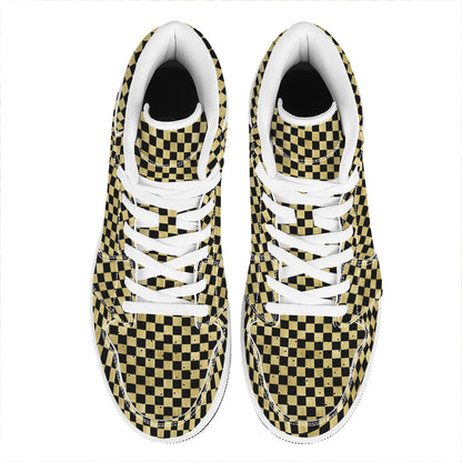 Gold And Black Checkered Pattern Print High Top Leather Sneakers