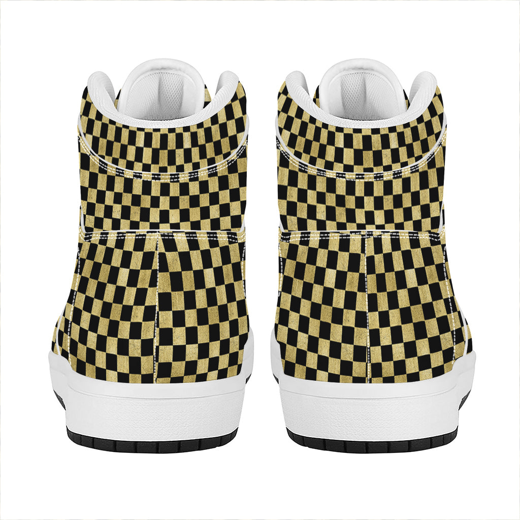Gold And Black Checkered Pattern Print High Top Leather Sneakers