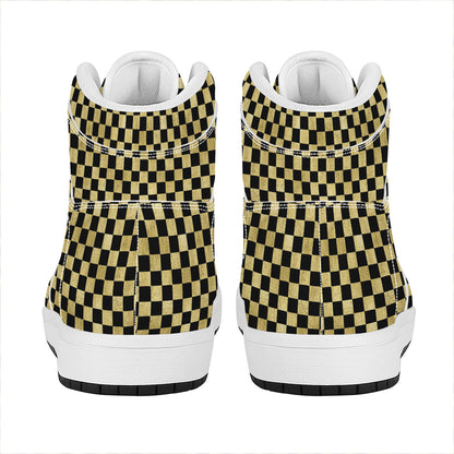 Gold And Black Checkered Pattern Print High Top Leather Sneakers