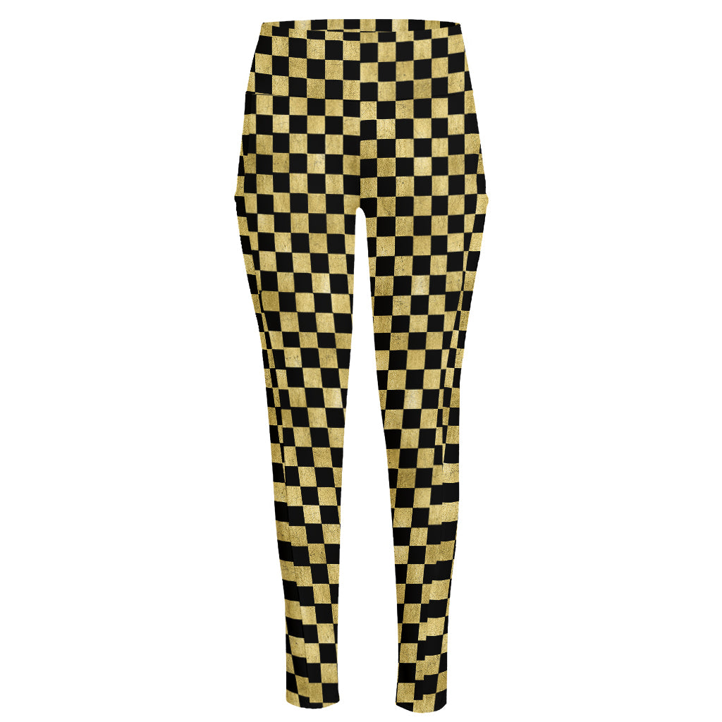 Gold And Black Checkered Pattern Print High-Waisted Pocket Leggings
