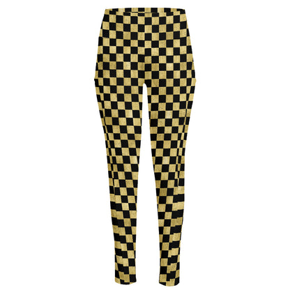 Gold And Black Checkered Pattern Print High-Waisted Pocket Leggings