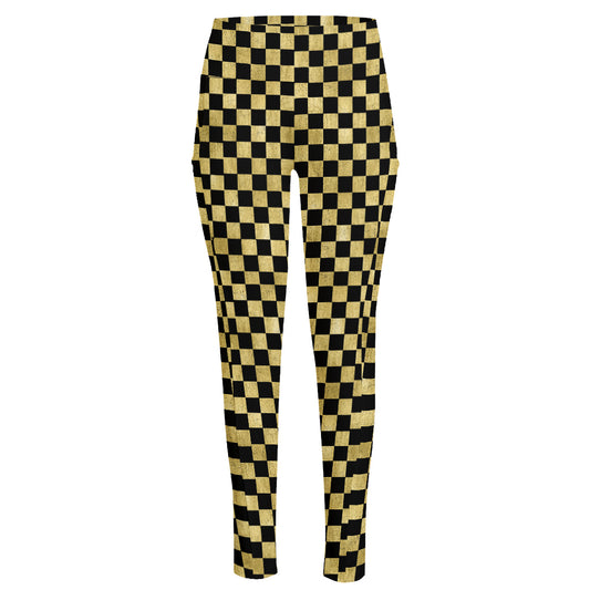 Gold And Black Checkered Pattern Print High-Waisted Pocket Leggings