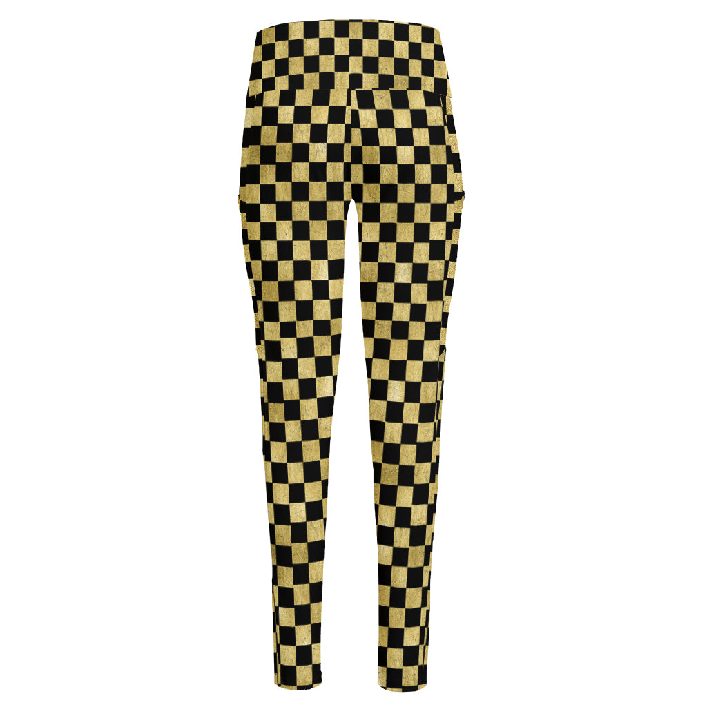 Gold And Black Checkered Pattern Print High-Waisted Pocket Leggings