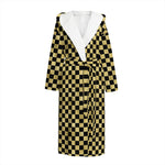 Gold And Black Checkered Pattern Print Hooded Bathrobe