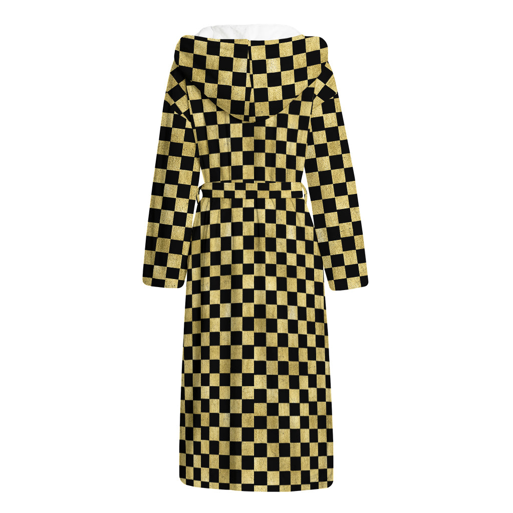 Gold And Black Checkered Pattern Print Hooded Bathrobe