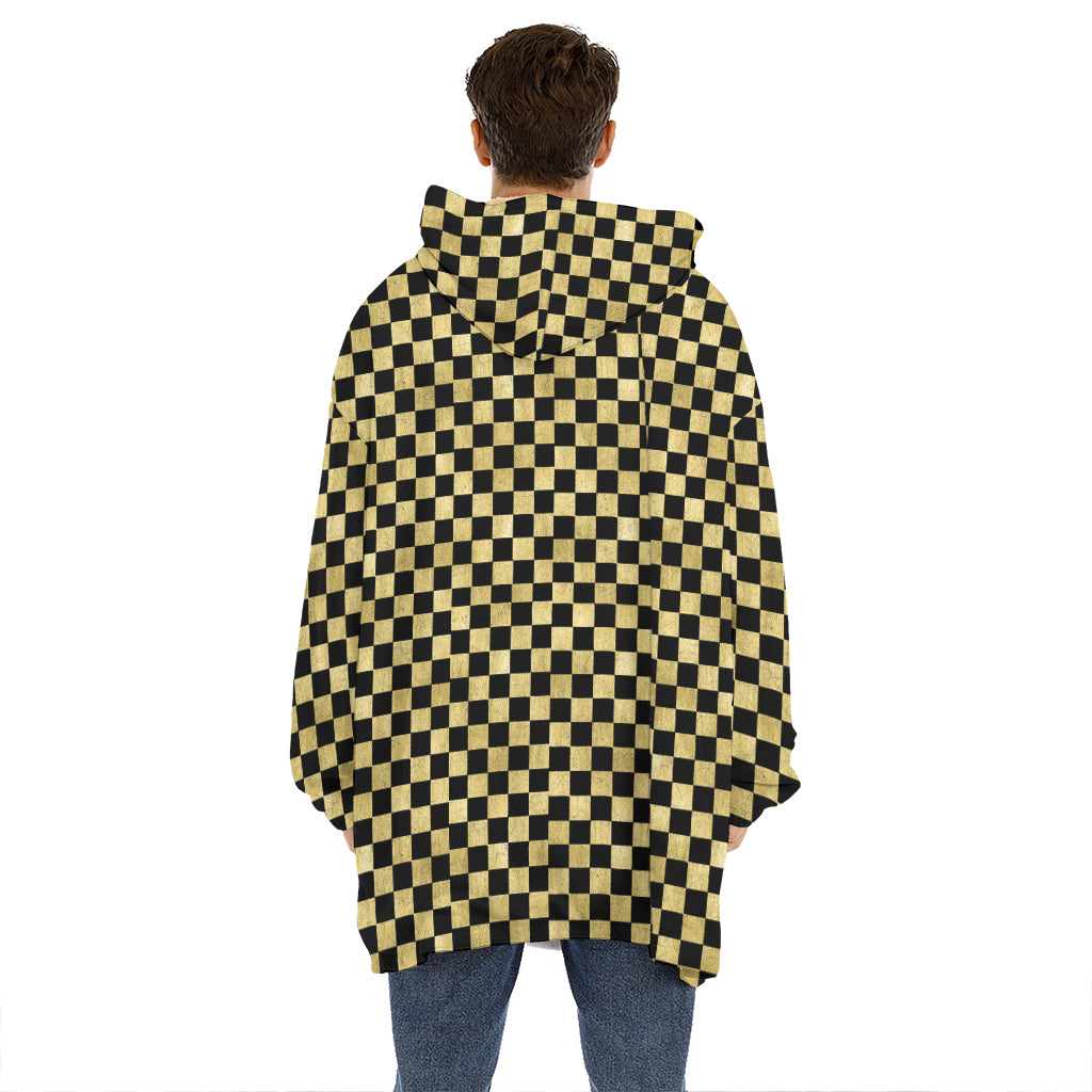 Gold And Black Checkered Pattern Print Hoodie Blanket