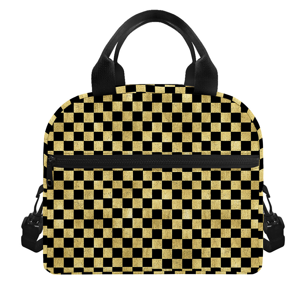 Gold And Black Checkered Pattern Print Insulated Lunch Bag