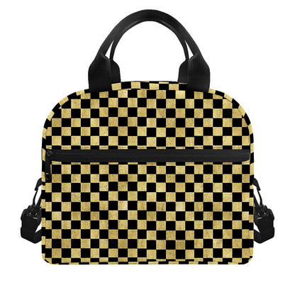 Gold And Black Checkered Pattern Print Insulated Lunch Bag
