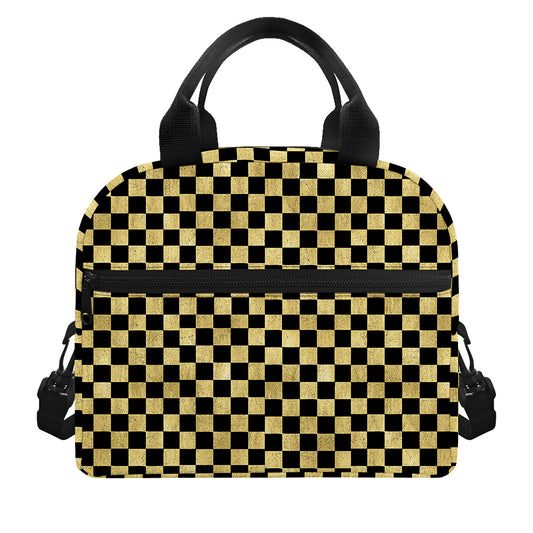 Gold And Black Checkered Pattern Print Insulated Lunch Bag