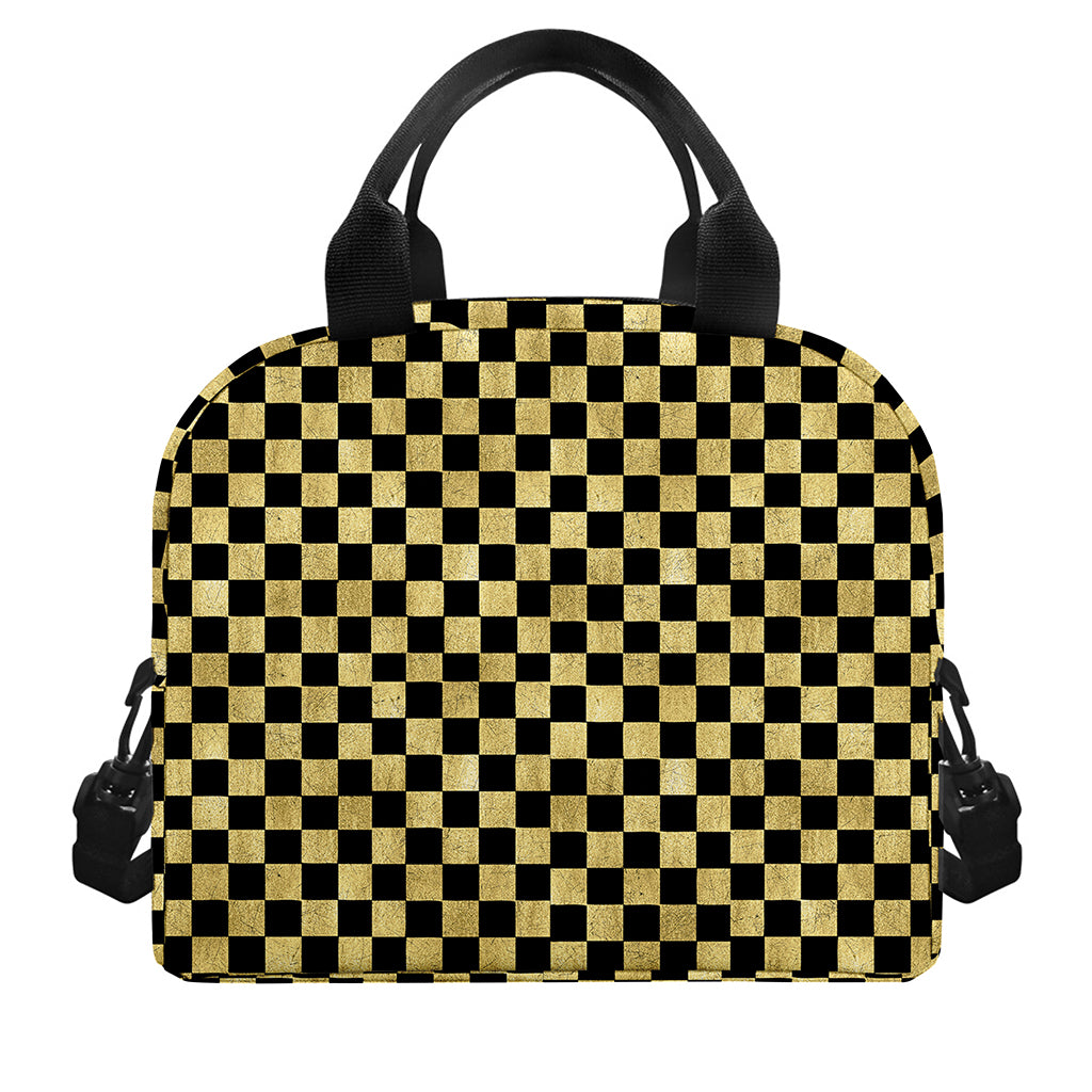Gold And Black Checkered Pattern Print Insulated Lunch Bag