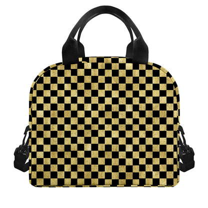 Gold And Black Checkered Pattern Print Insulated Lunch Bag