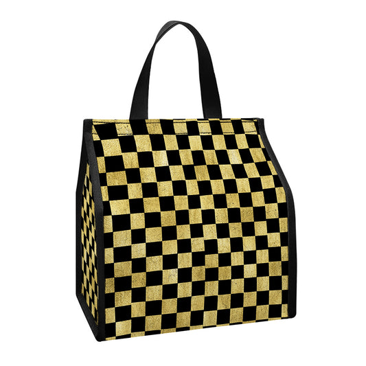 Gold And Black Checkered Pattern Print Insulated Lunch Tote