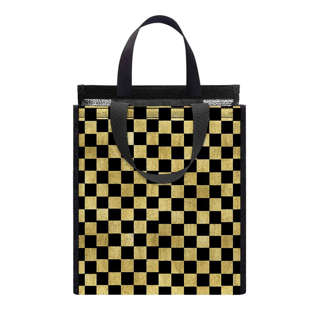 Gold And Black Checkered Pattern Print Insulated Lunch Tote
