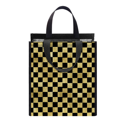 Gold And Black Checkered Pattern Print Insulated Lunch Tote