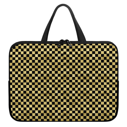 Gold And Black Checkered Pattern Print Laptop Sleeve With Handle