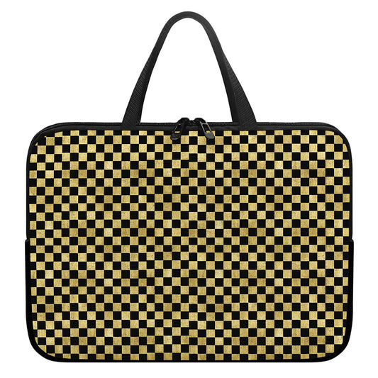 Gold And Black Checkered Pattern Print Laptop Sleeve With Handle