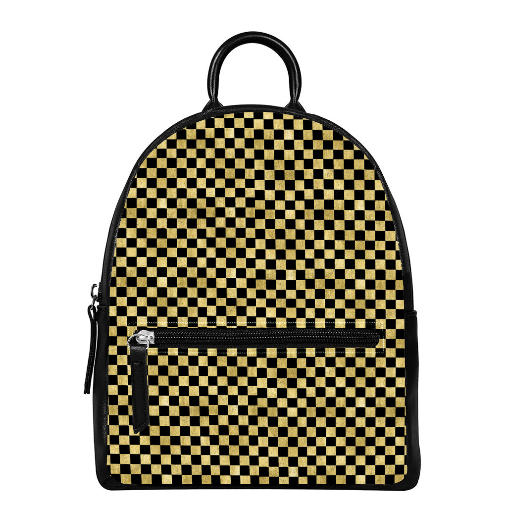 Gold And Black Checkered Pattern Print Leather Backpack