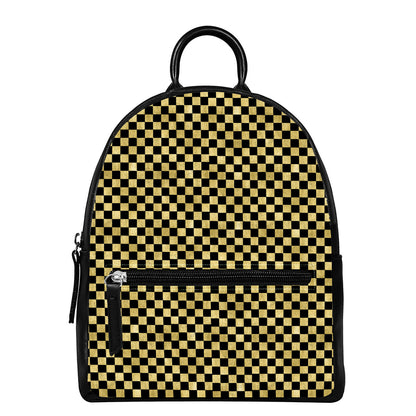 Gold And Black Checkered Pattern Print Leather Backpack
