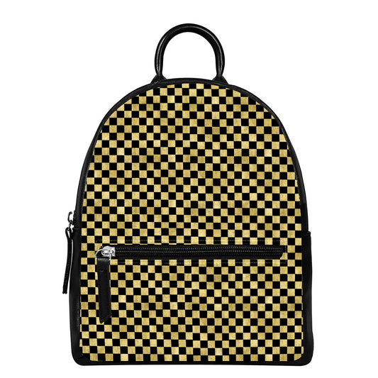 Gold And Black Checkered Pattern Print Leather Backpack