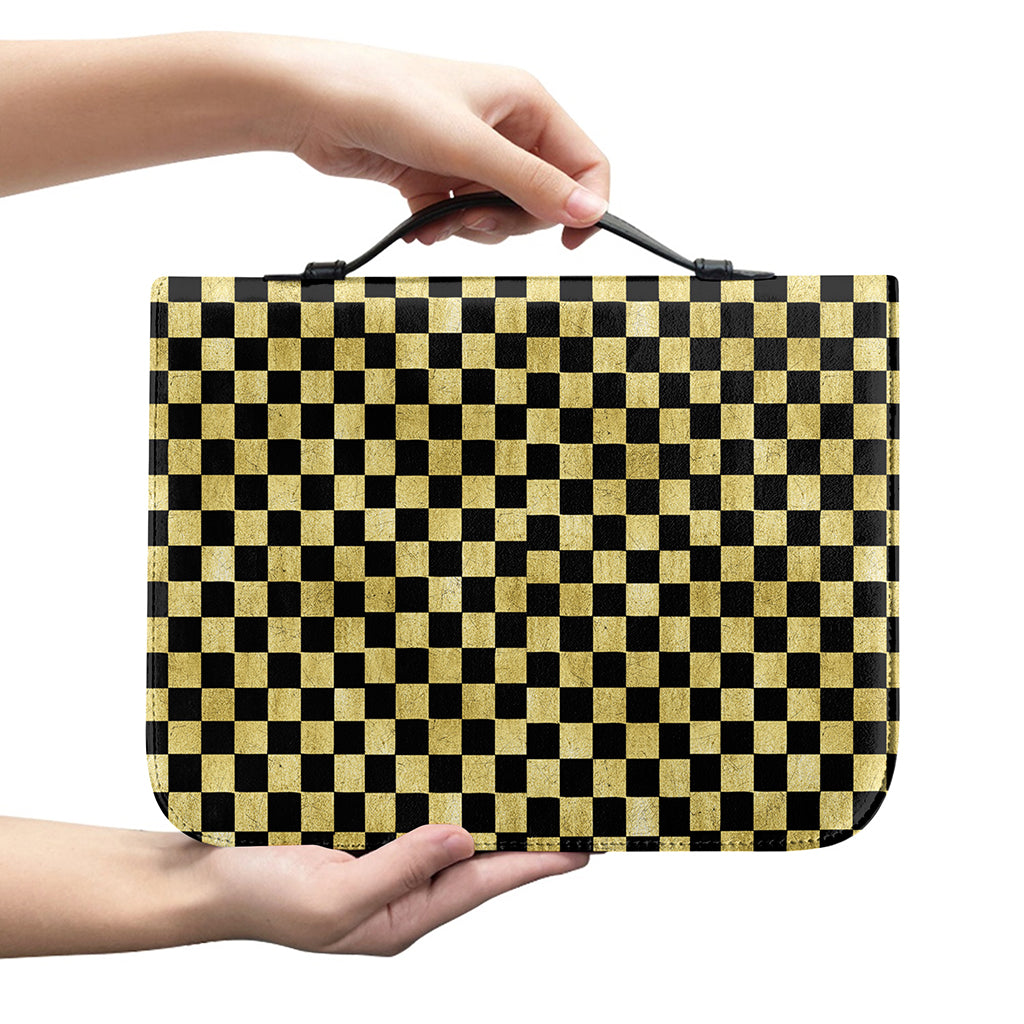 Gold And Black Checkered Pattern Print Leather Bible Cover