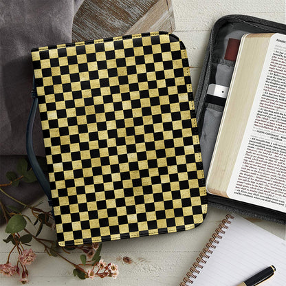 Gold And Black Checkered Pattern Print Leather Bible Cover