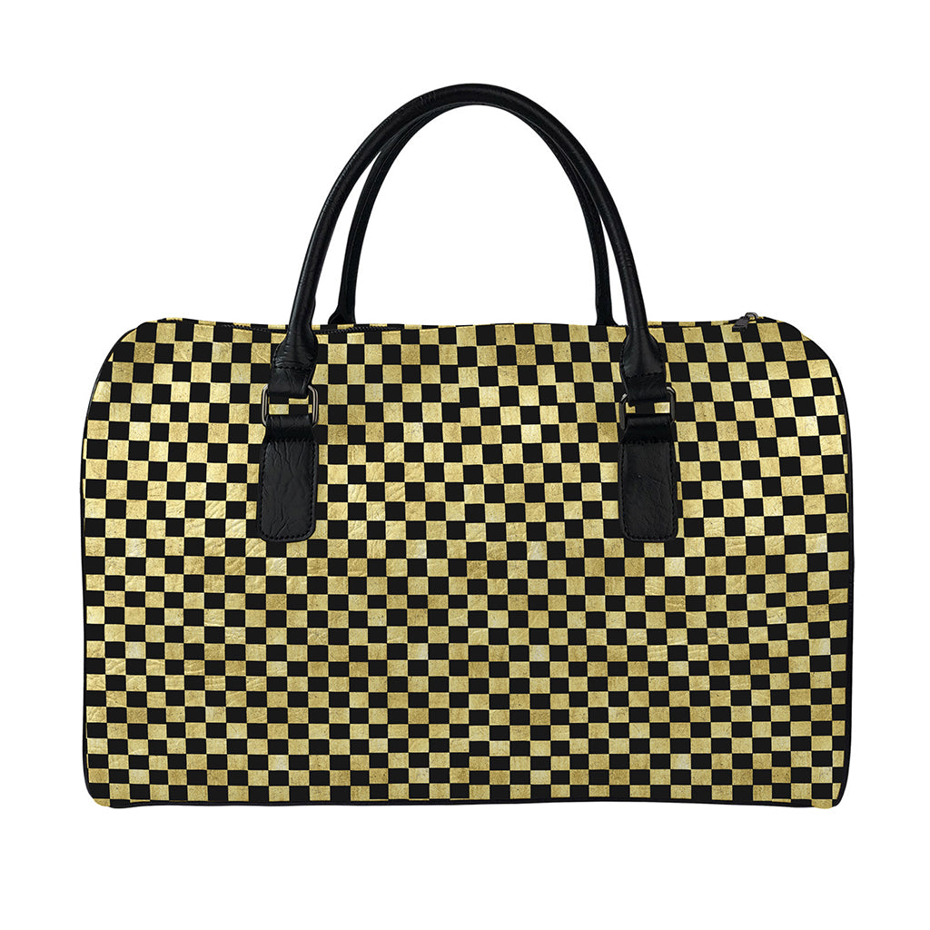 Gold And Black Checkered Pattern Print Leather Duffle Bag