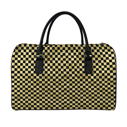 Gold And Black Checkered Pattern Print Leather Duffle Bag
