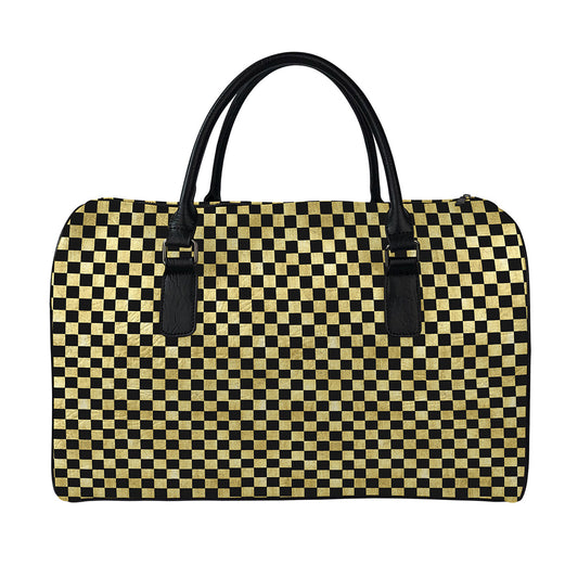 Gold And Black Checkered Pattern Print Leather Duffle Bag