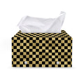 Gold And Black Checkered Pattern Print Leather Tissue Box Cover