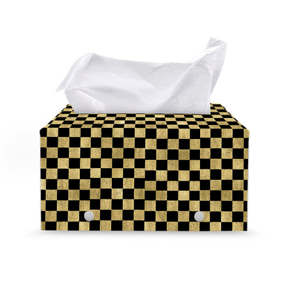 Gold And Black Checkered Pattern Print Leather Tissue Box Cover