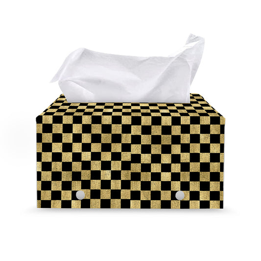 Gold And Black Checkered Pattern Print Leather Tissue Box Cover