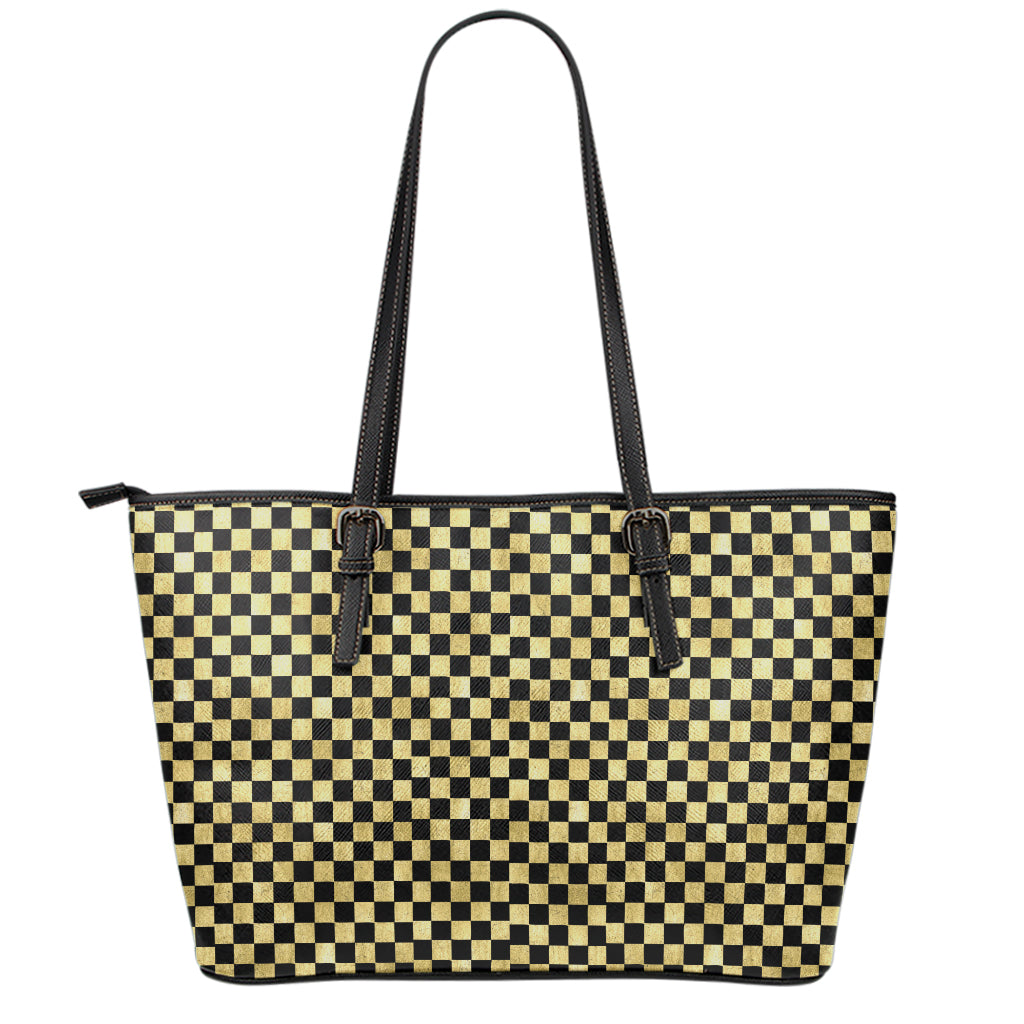 Gold And Black Checkered Pattern Print Leather Tote Bag