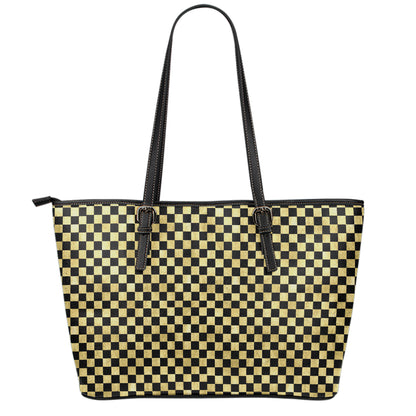 Gold And Black Checkered Pattern Print Leather Tote Bag