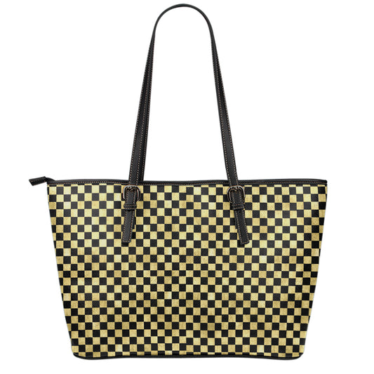 Gold And Black Checkered Pattern Print Leather Tote Bag
