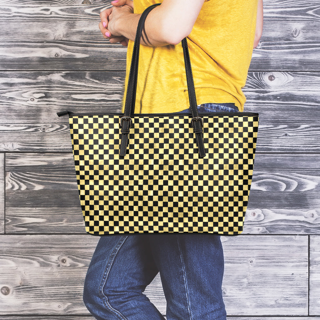 Gold And Black Checkered Pattern Print Leather Tote Bag