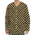 Gold And Black Checkered Pattern Print Long Sleeve Baseball Jersey